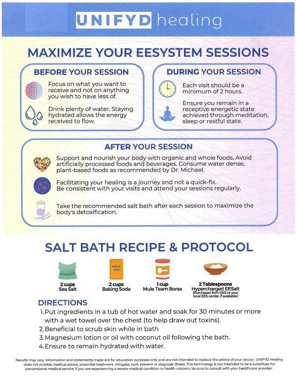 Infographic: How to maximize EESystem sessions. Includes session tips and salt bath recipe.