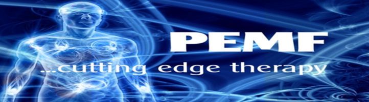 A blue background with a silhouette of a person and the words pemf cutting edge therapy.