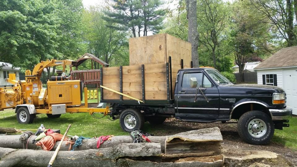 A black truck with a wooden trailer attached to it is parked next to a pile of logs.