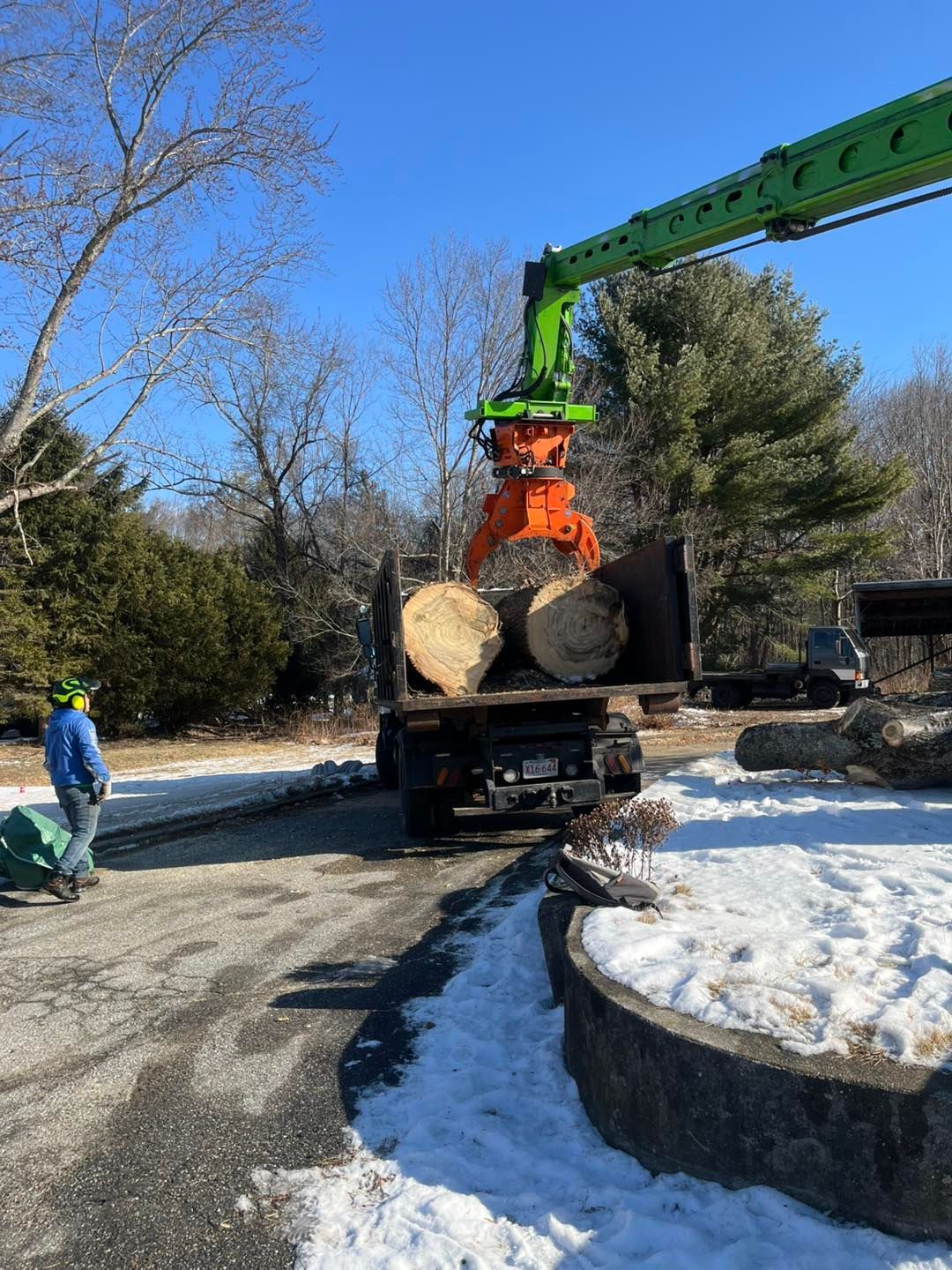 A crane is loading logs into a truck.