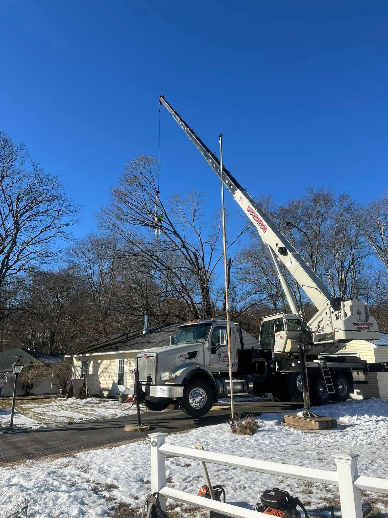 A crane is sitting on top of a truck in the snow.