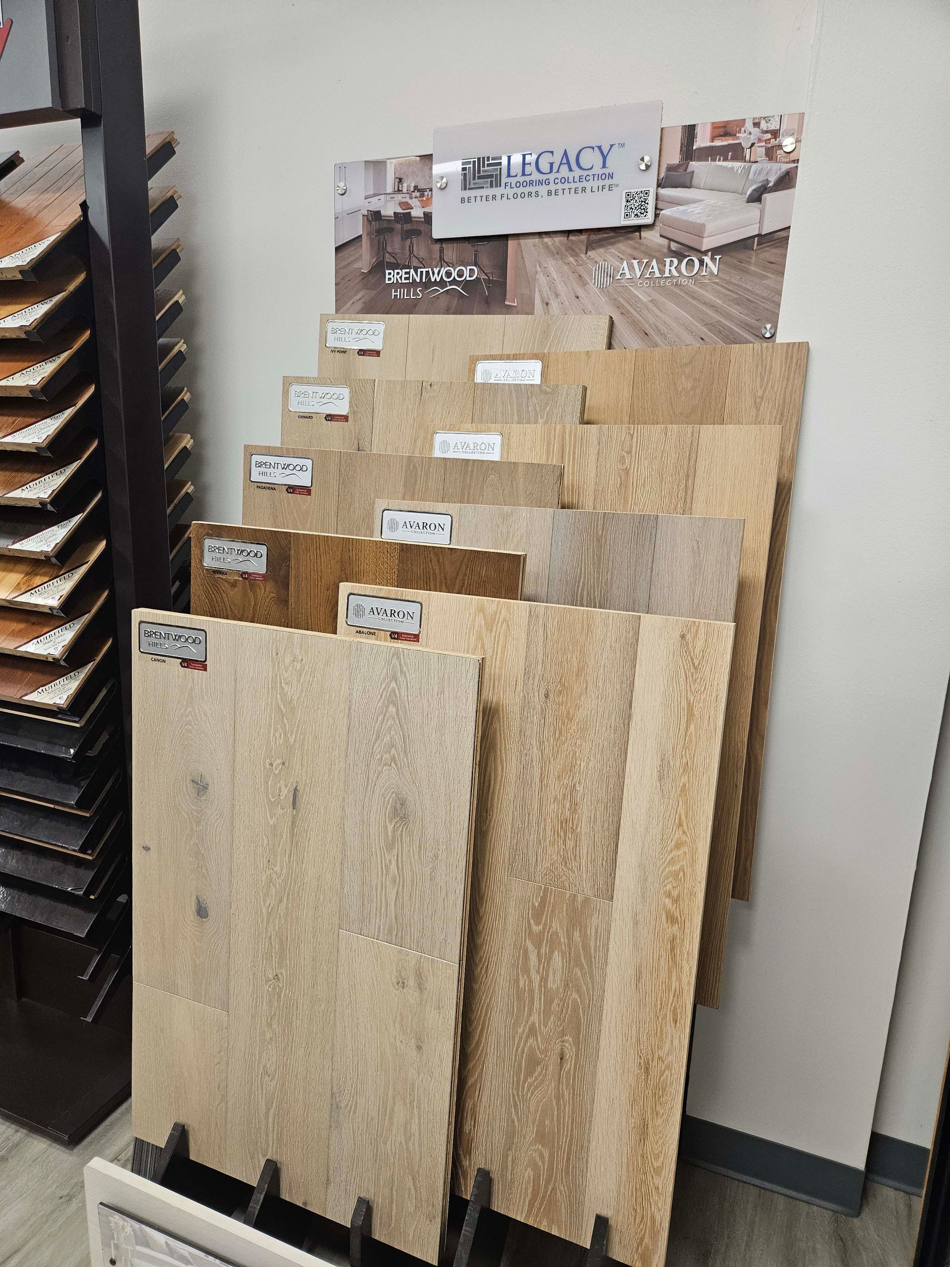 a display of wooden floor tiles in a store .