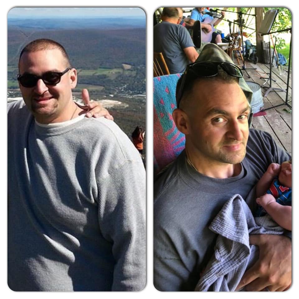 A before and after photo of a man holding a baby