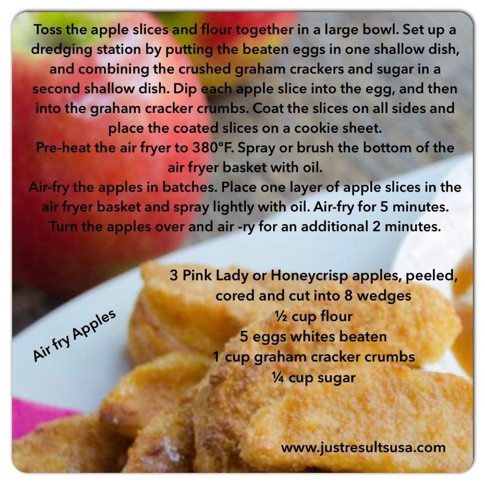 A recipe for air fry apples is on a pink plate