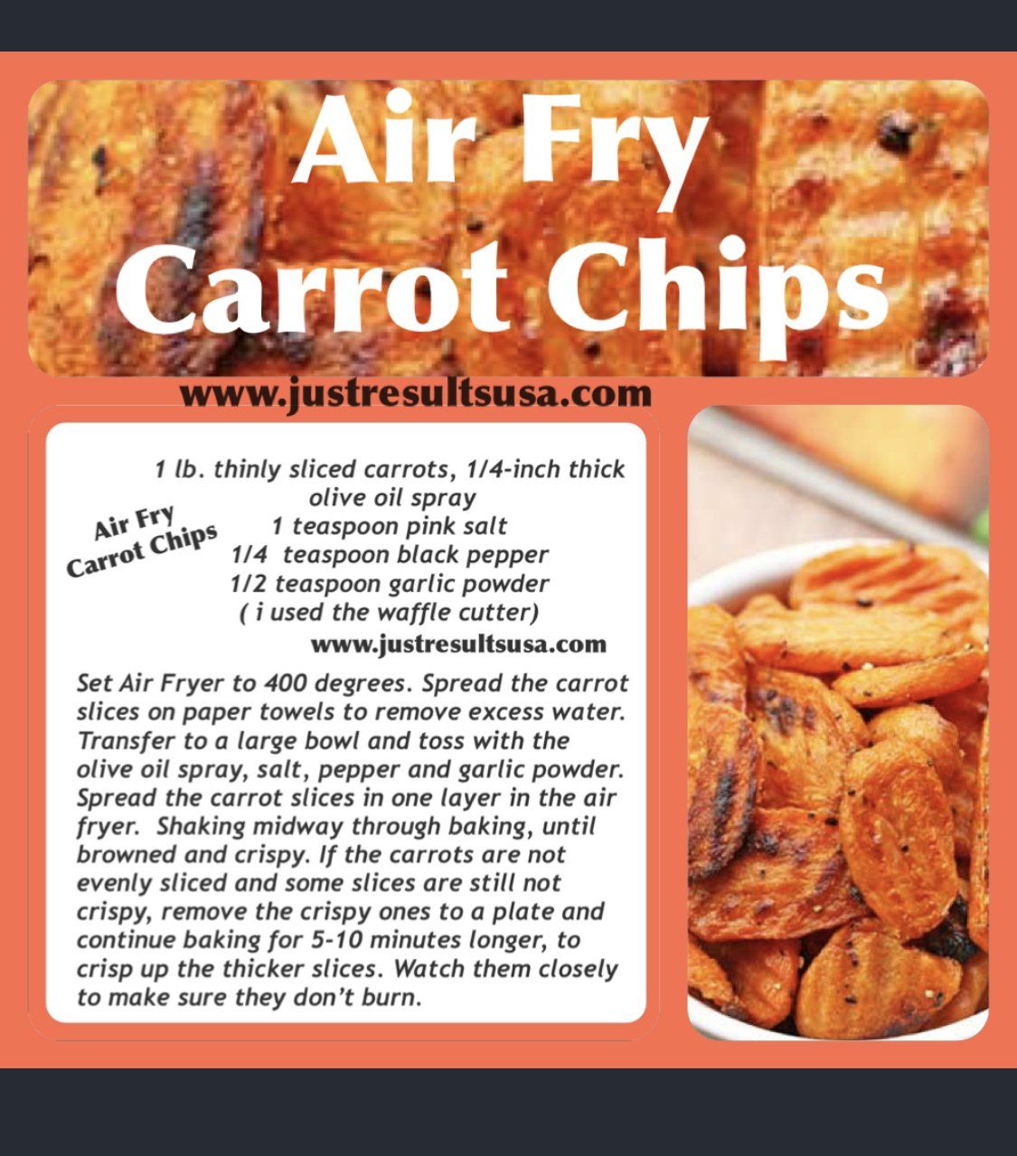A recipe for air frying carrot chips with a picture of a bowl of carrot chips