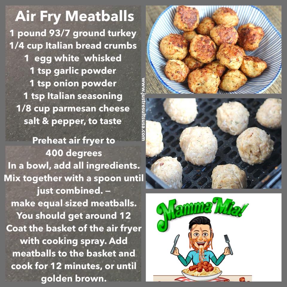 A recipe for air fry meatballs with a picture of meatballs in a bowl
