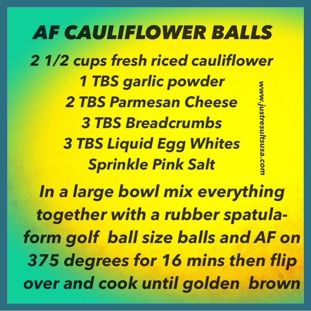 A recipe for cauliflower balls is written on a yellow and blue background