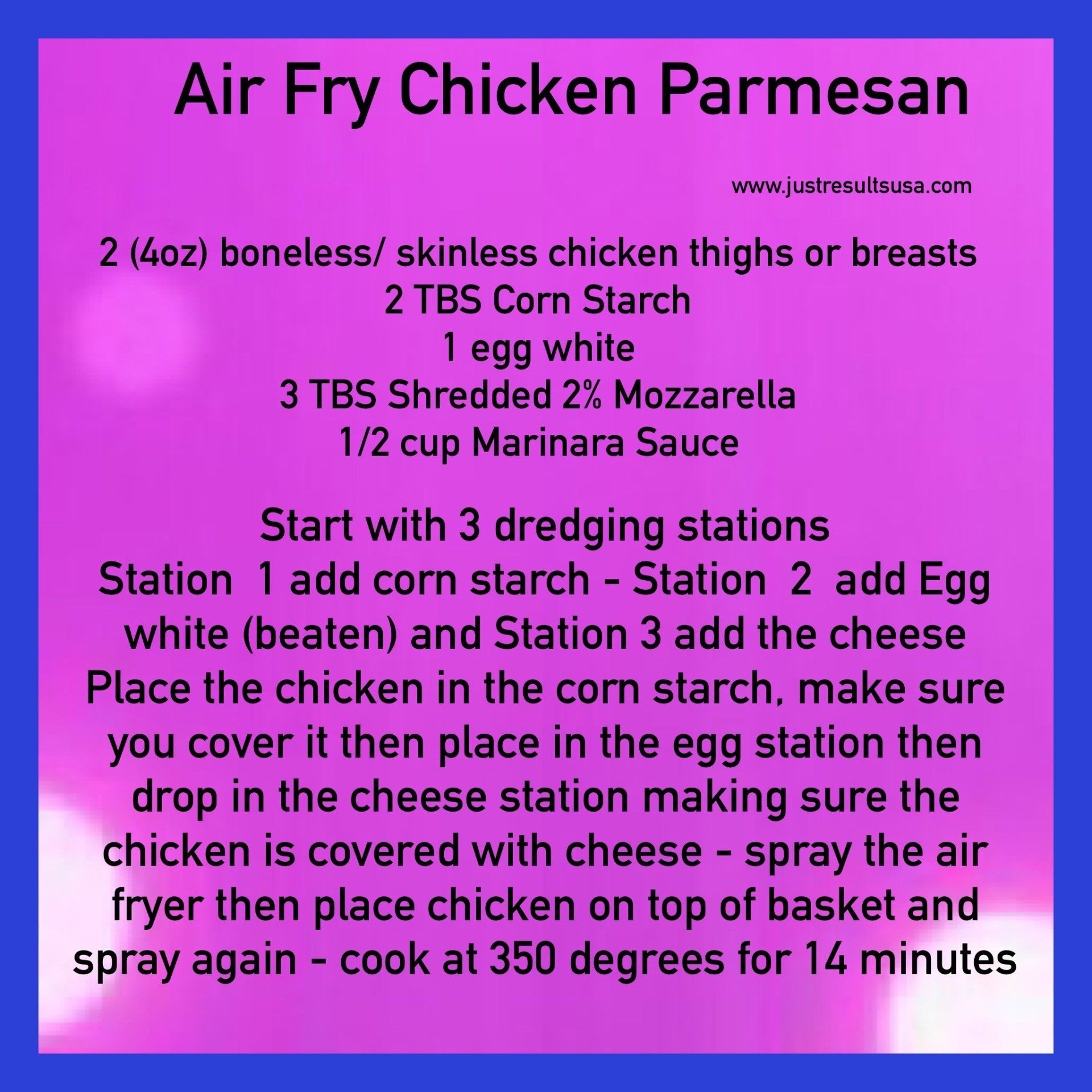 A recipe for air frying chicken parmesan is shown