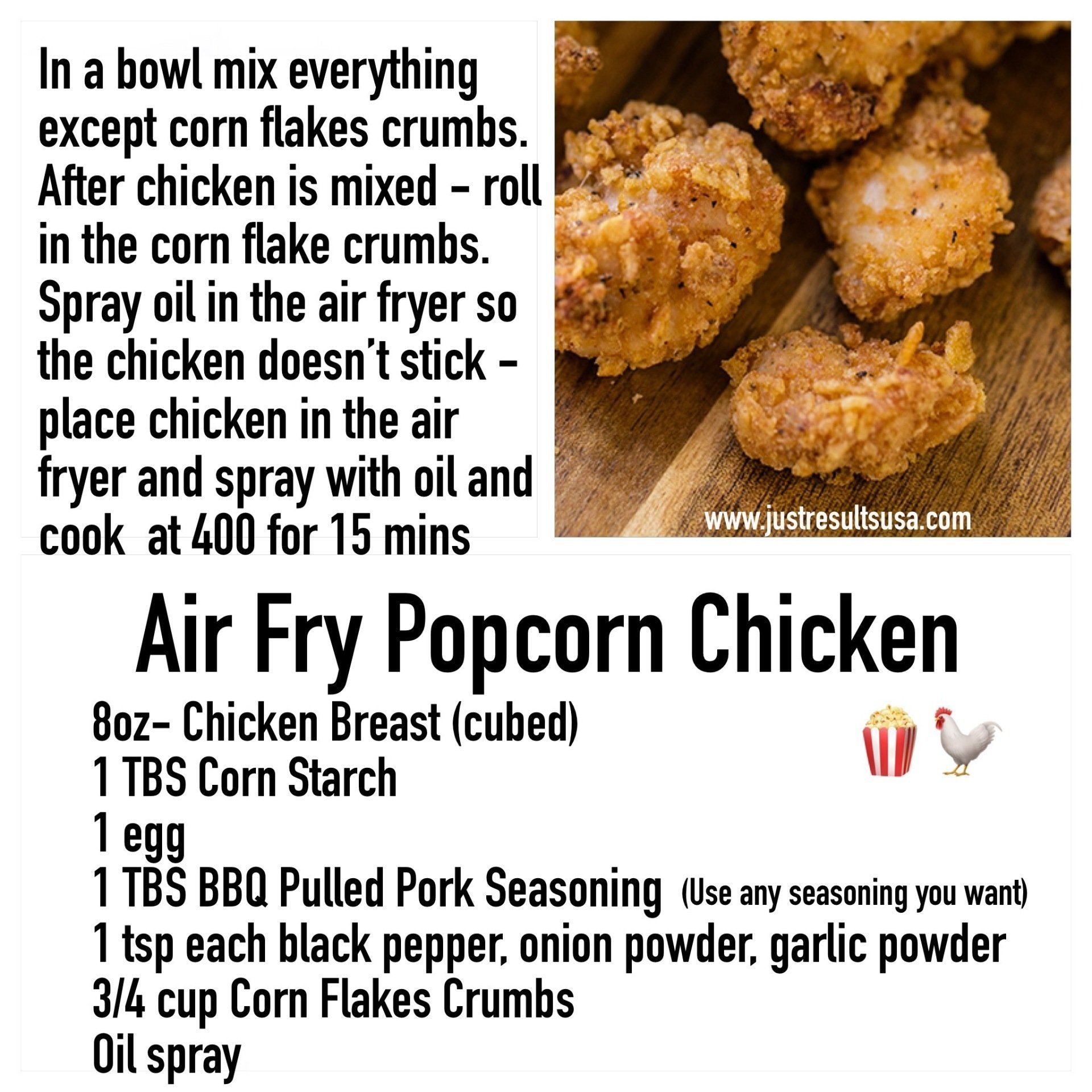 A recipe for air fry popcorn chicken is shown