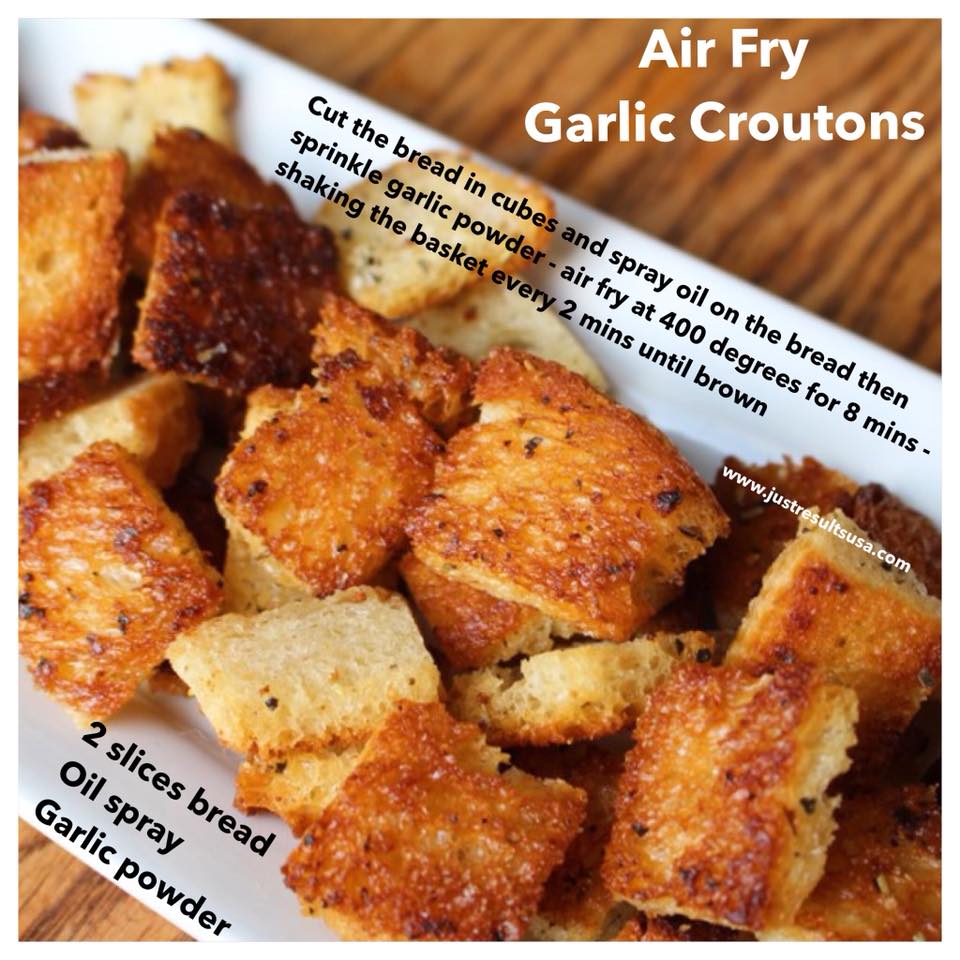 A plate of air fry garlic croutons with instructions on how to make them