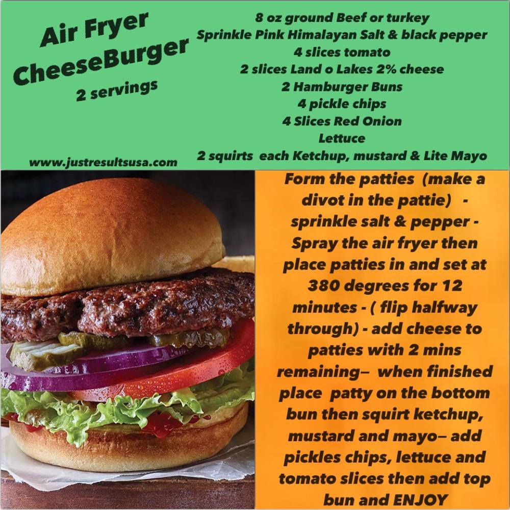 A recipe for an air fryer cheeseburger is shown