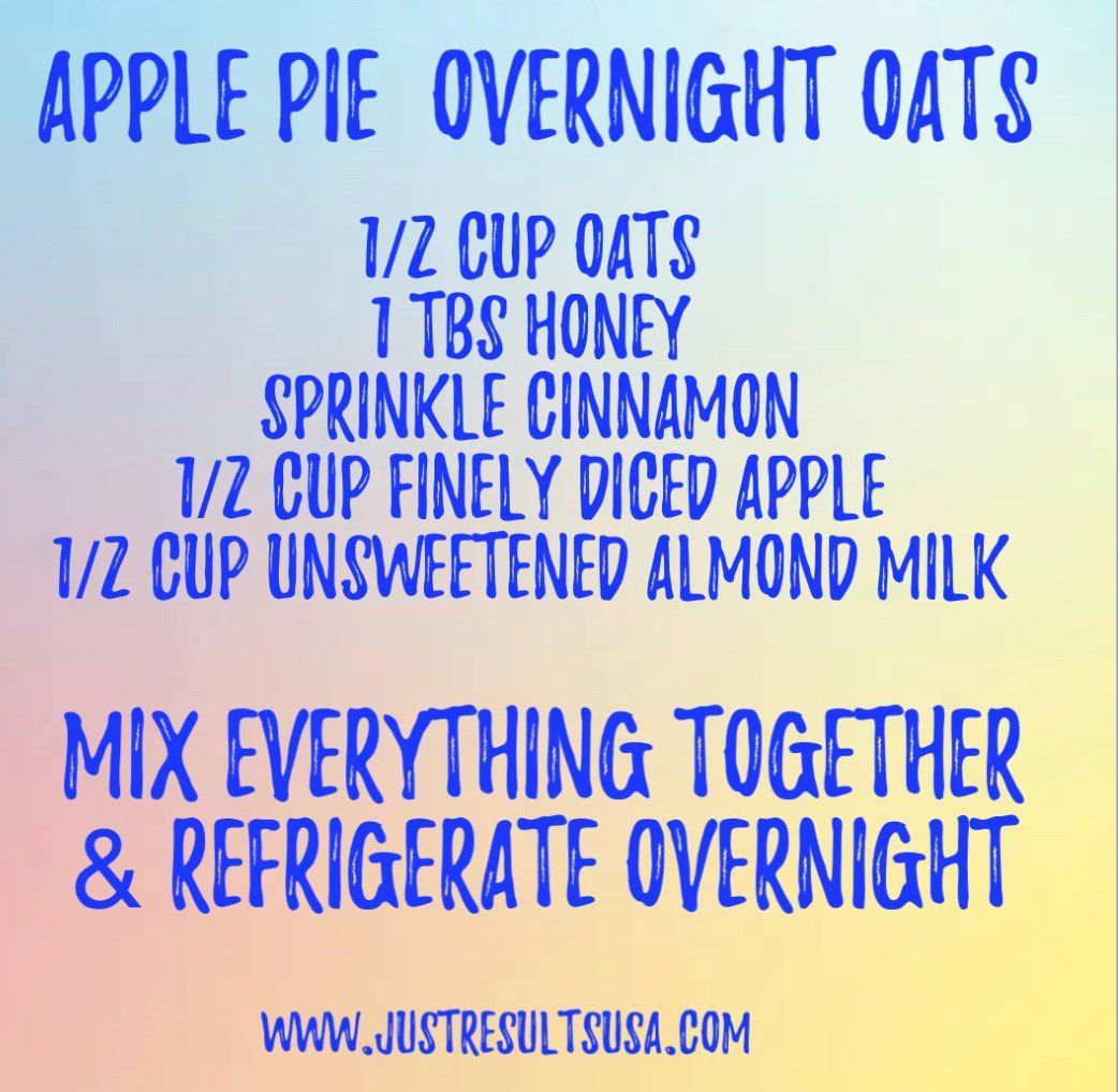 A recipe for apple pie overnight oats is written on a colorful background