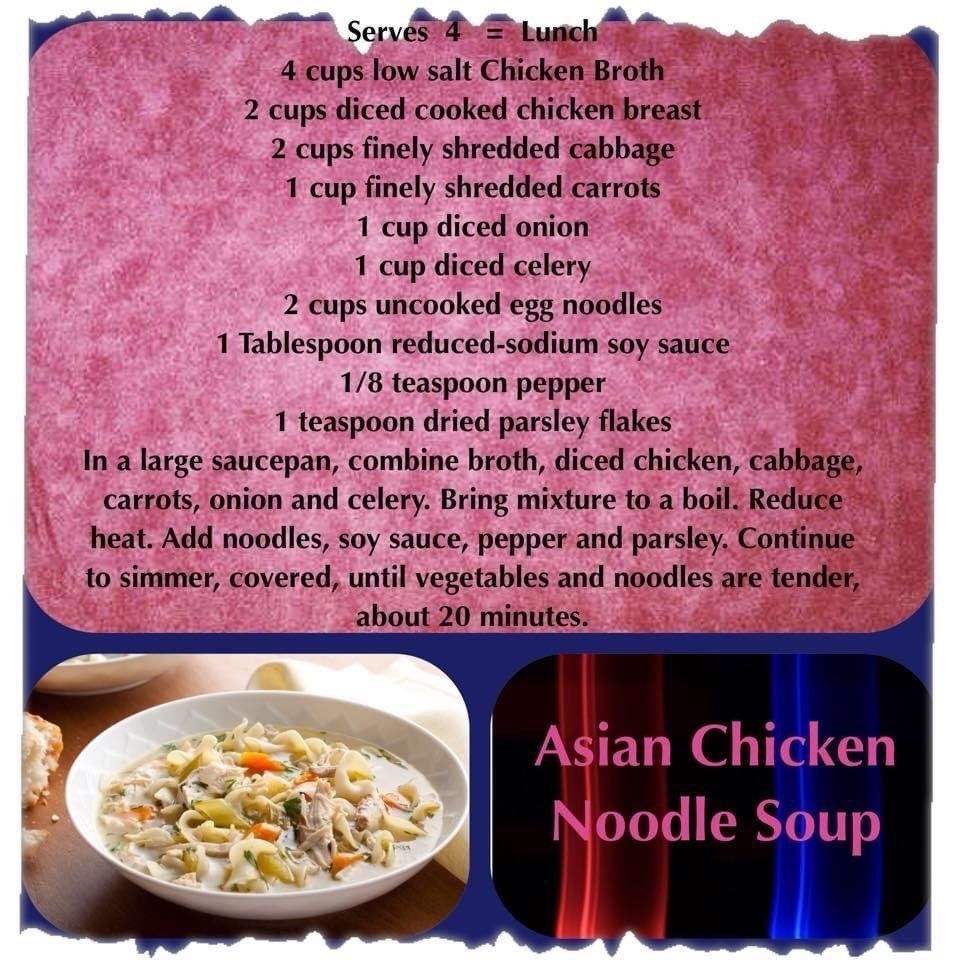 A recipe for asian chicken noodle soup is shown