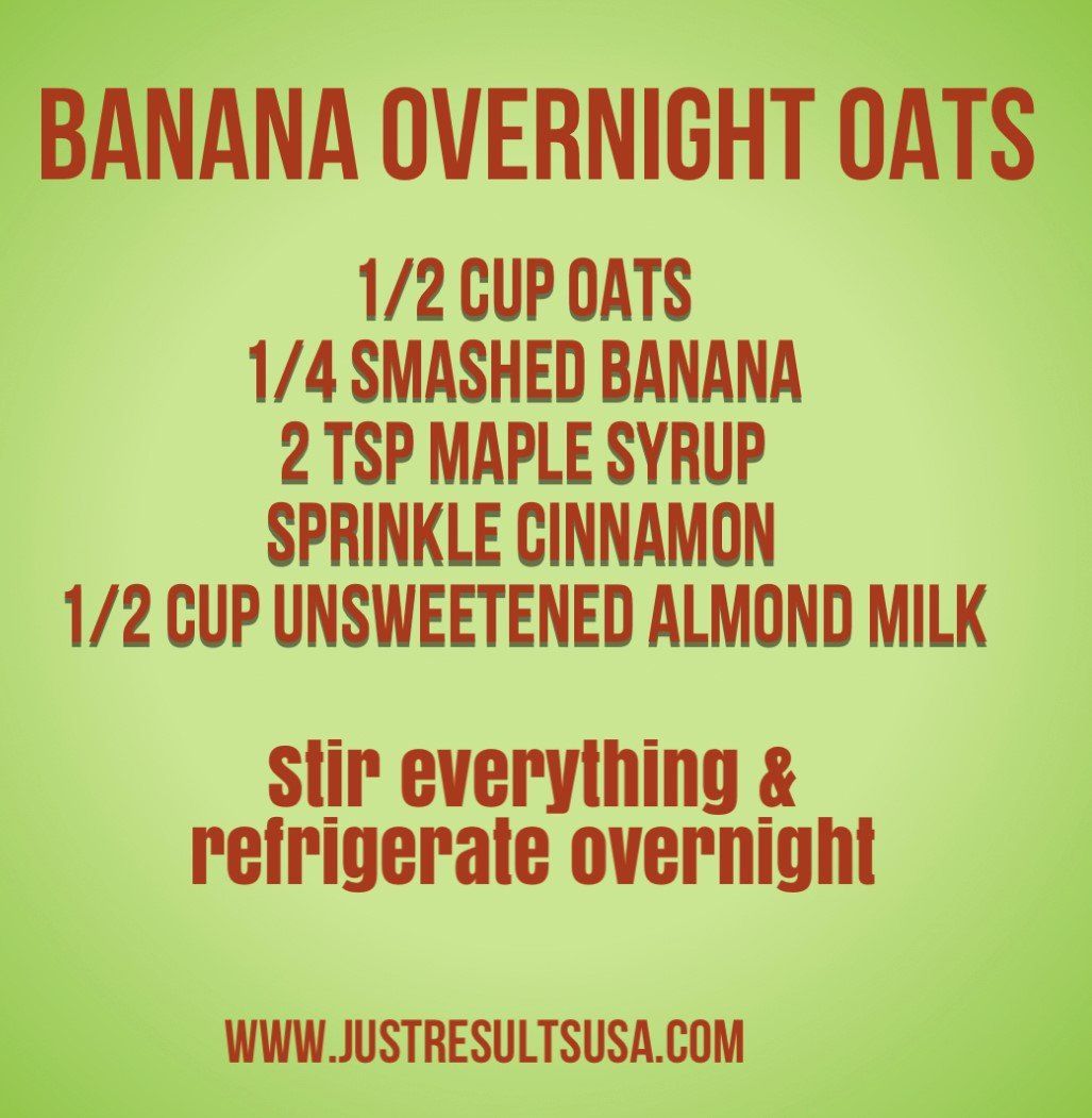 A recipe for banana overnight oats is shown on a green background