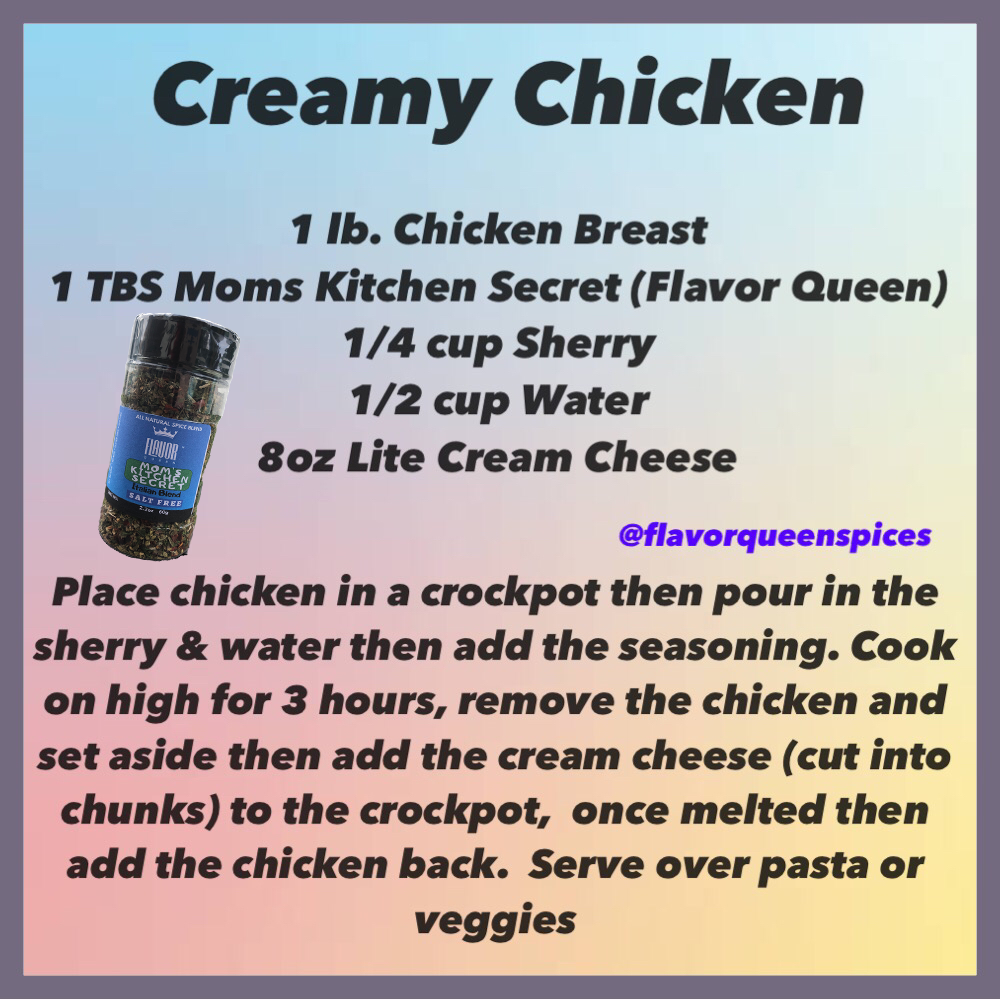 A recipe for creamy chicken includes 1 lb chicken breast 1/4 cup sherry 1/2 cup water and 8 oz lite cream cheese