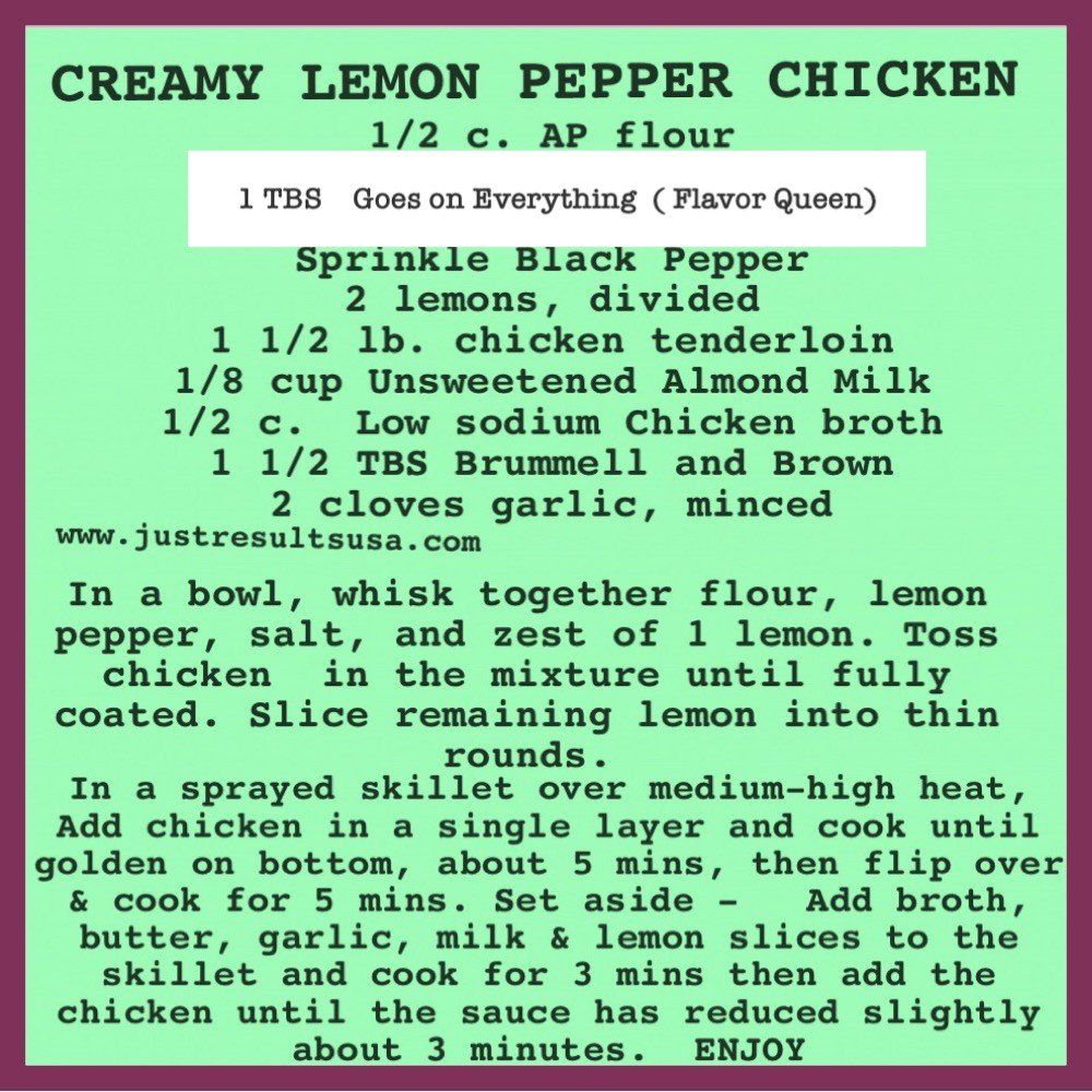 A recipe for creamy lemon pepper chicken includes sprinkle black pepper