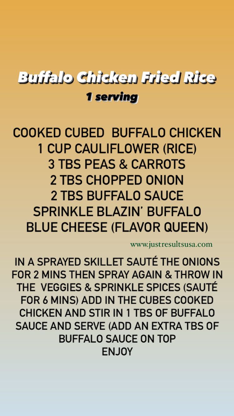 A recipe for buffalo chicken fried rice is shown
