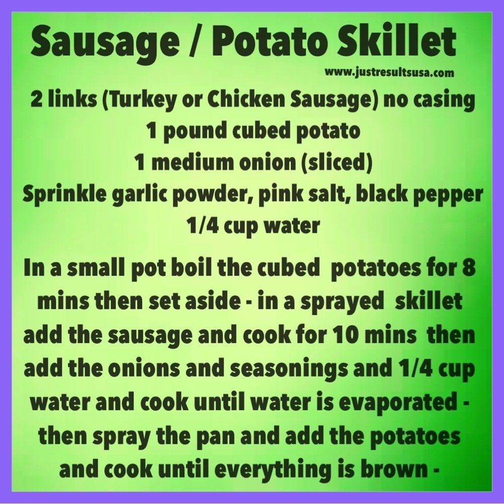 A recipe for sausage / potato skillet is shown on a green background