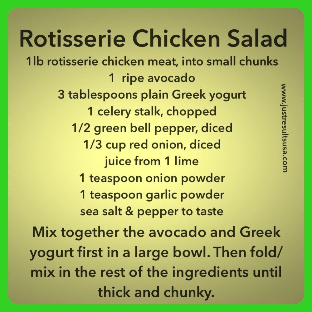 A recipe for a rotisserie chicken salad with avocado and greek yogurt