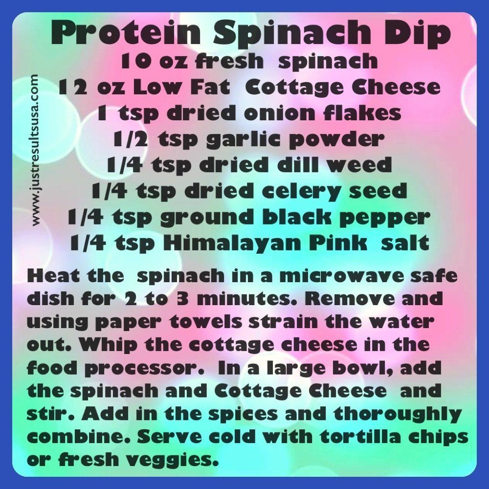 A recipe for protein spinach dip is shown on a blue background