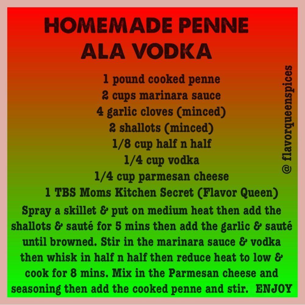 A recipe for homemade penne ala vodka is shown