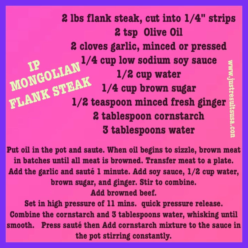A recipe for mongolian plank steak is shown on a purple background