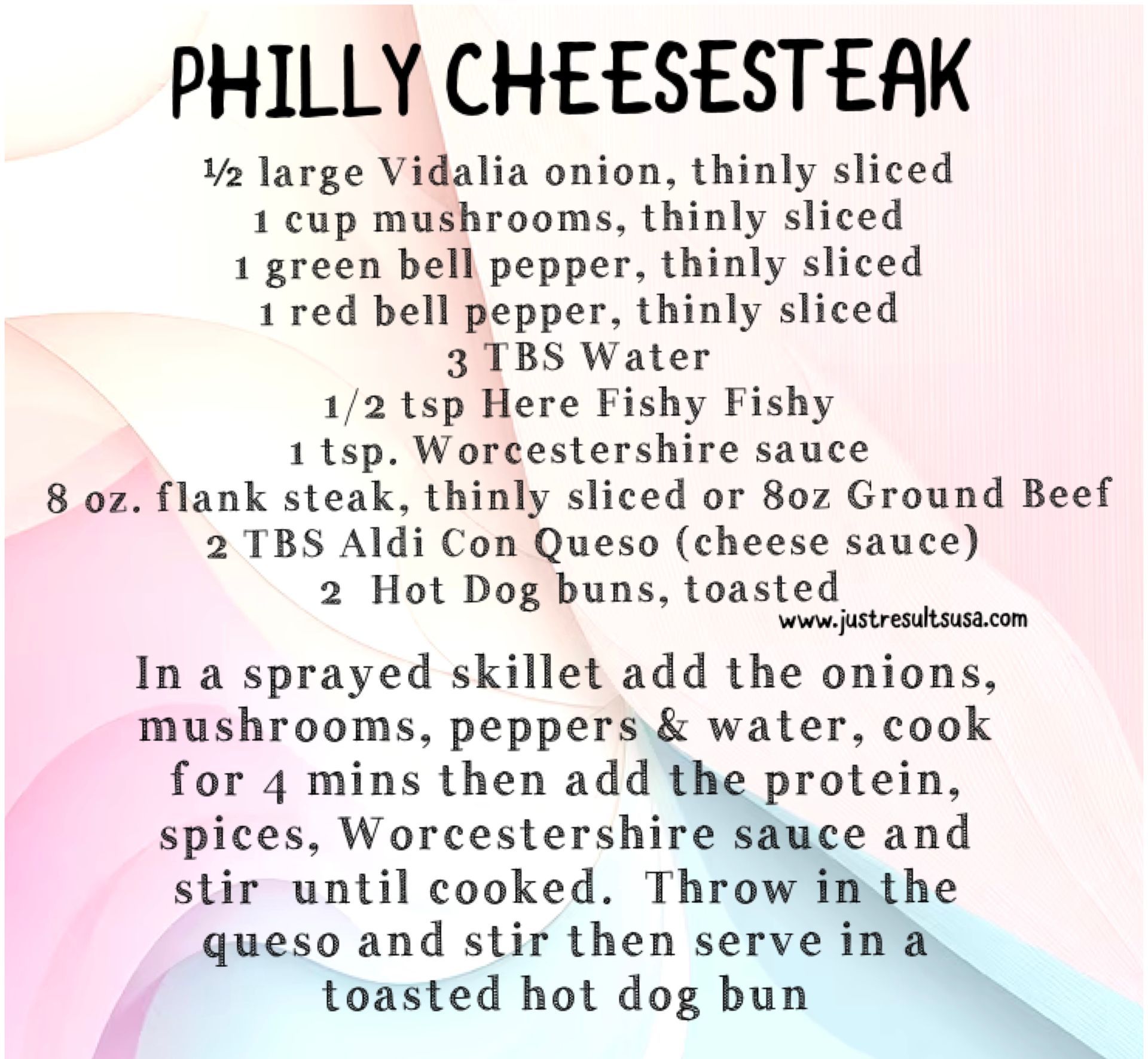 A recipe for philly cheesesteak is shown on a colorful background