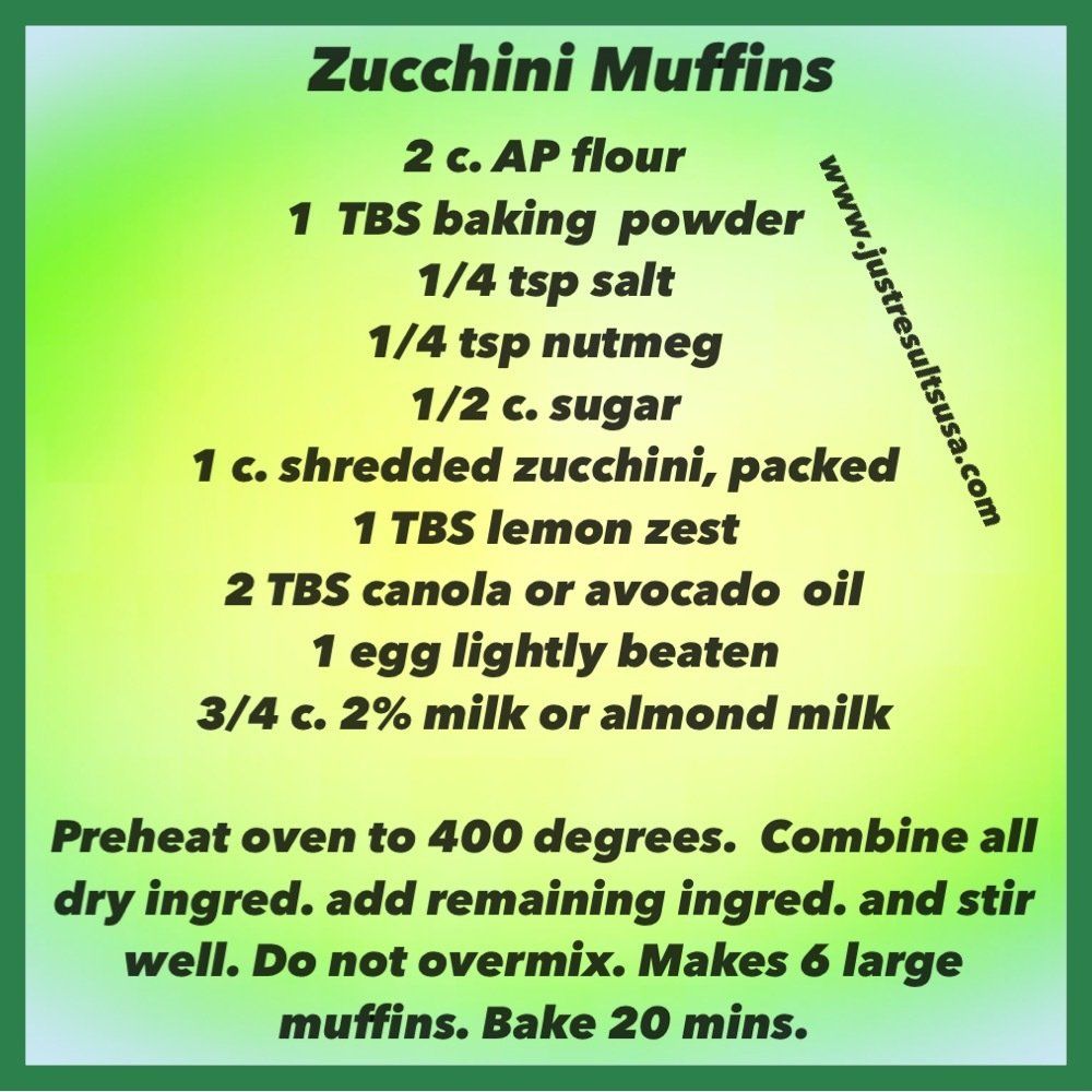 A recipe for zucchini muffins is written on a green background