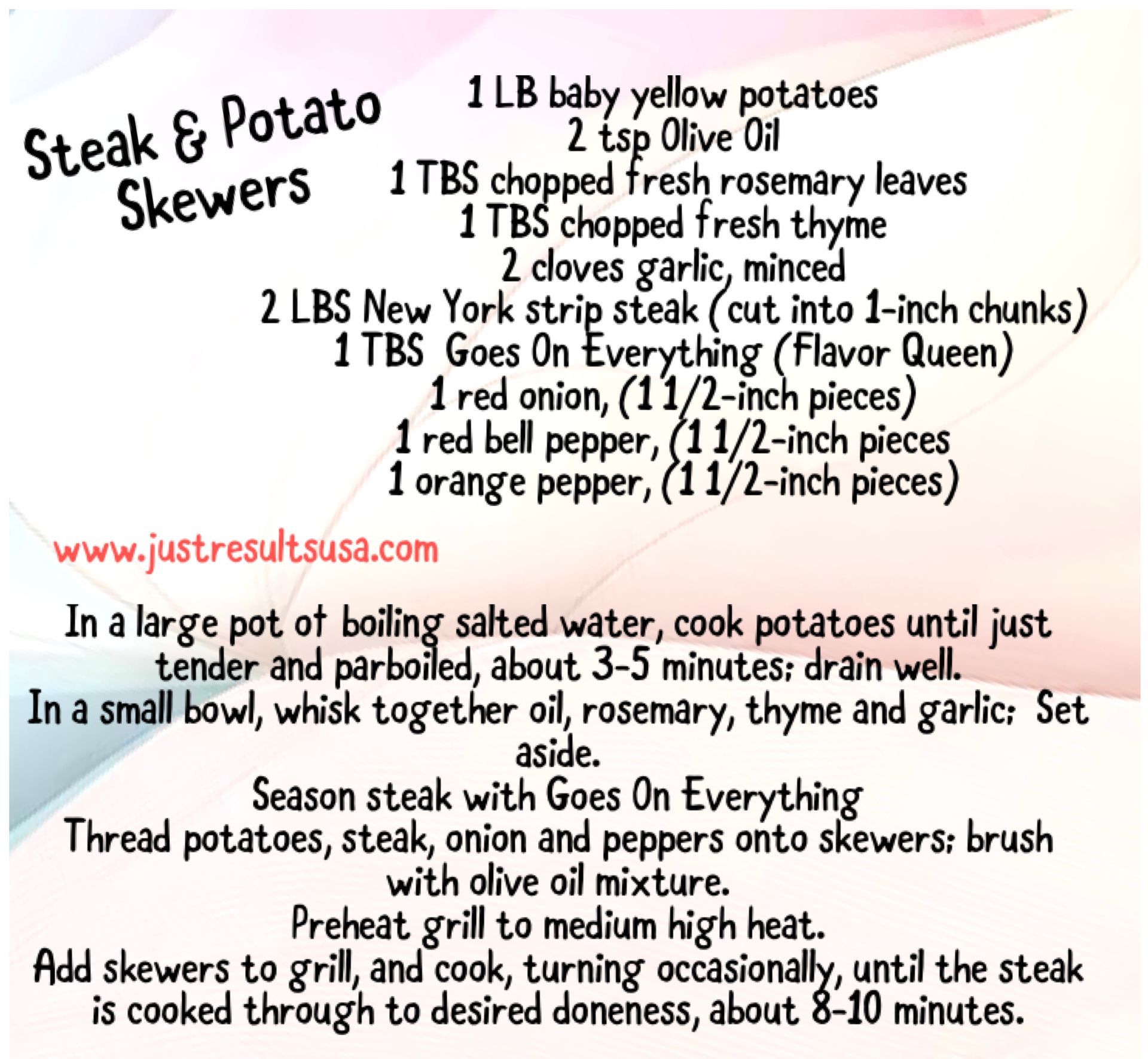 A recipe for steak and potato skewers from justresultsusa.com
