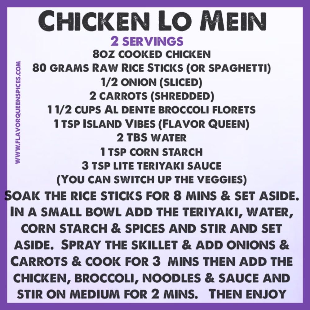 A recipe for chicken lo mein is shown on a purple background