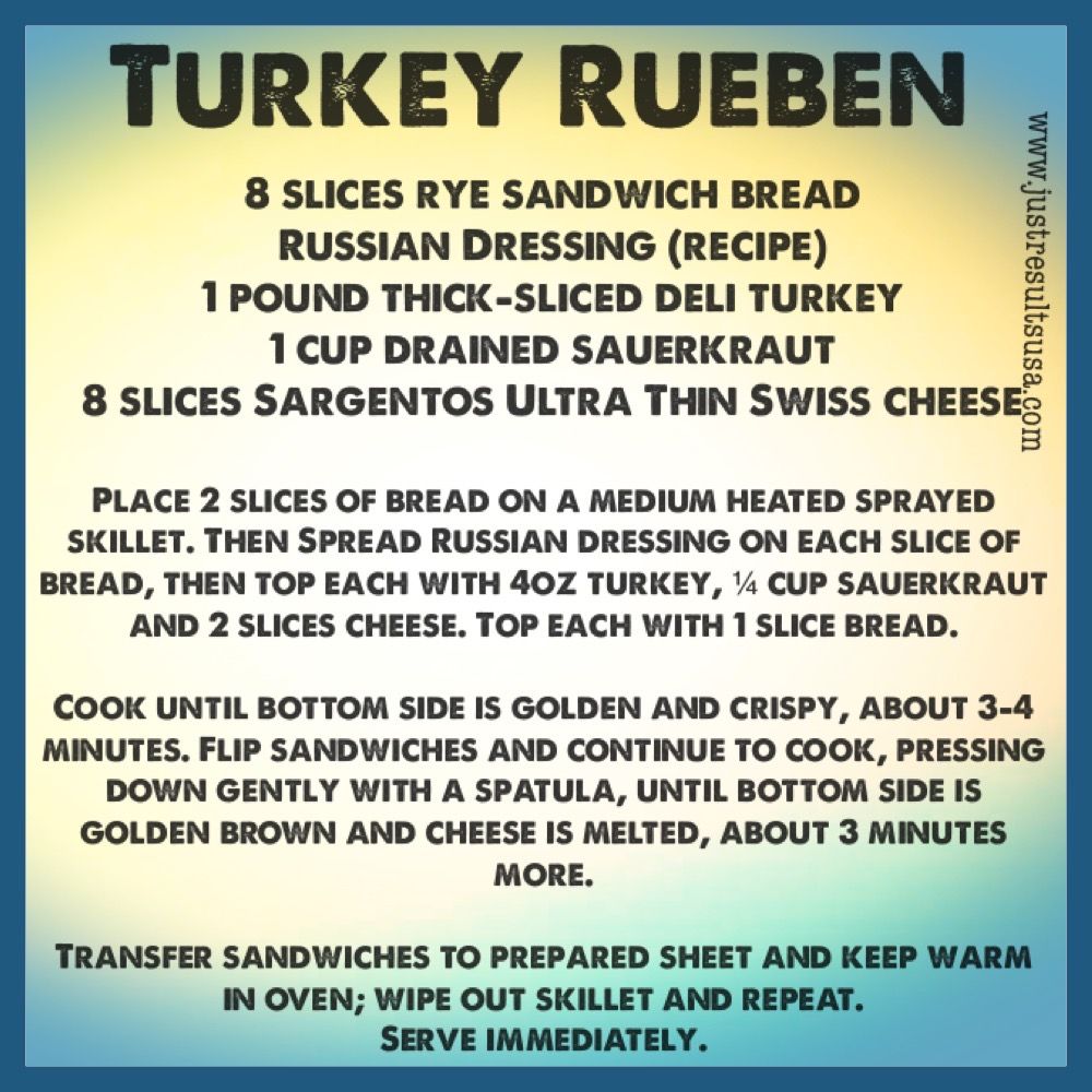 A recipe for turkey ruben includes 8 slices rye sandwich bread and 1 pound thick-sliced deli turkey