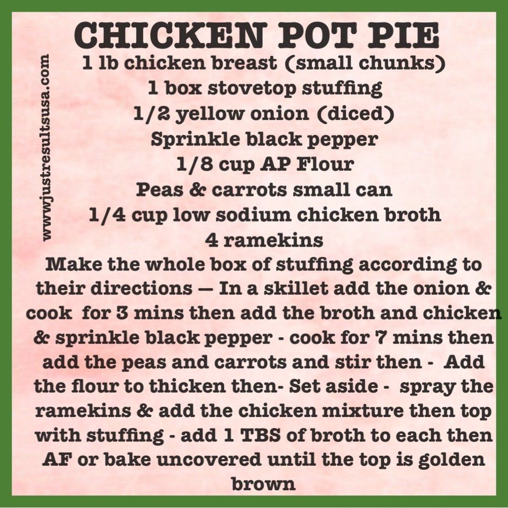 A recipe for chicken pot pie is written in black on a green background