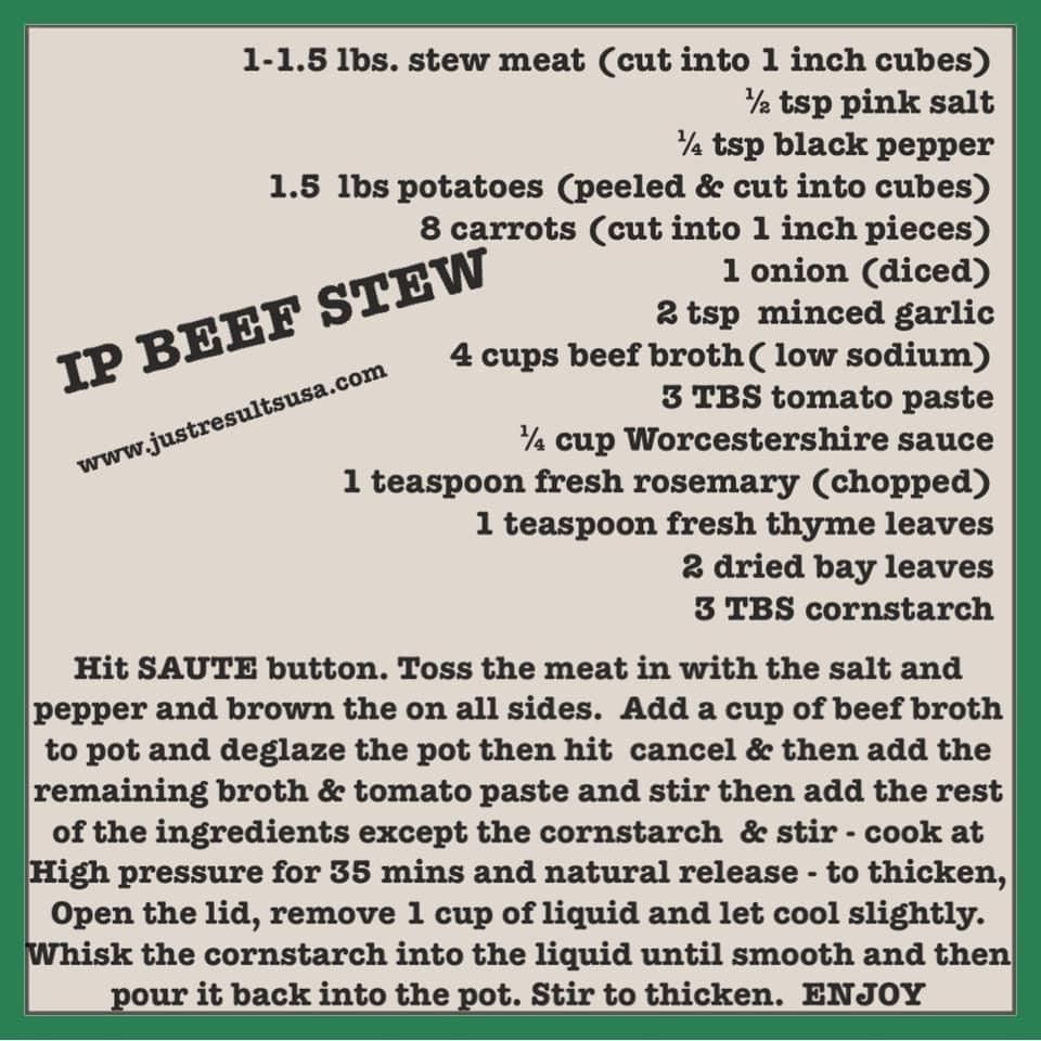 A recipe for ip beef stew is shown on a green background