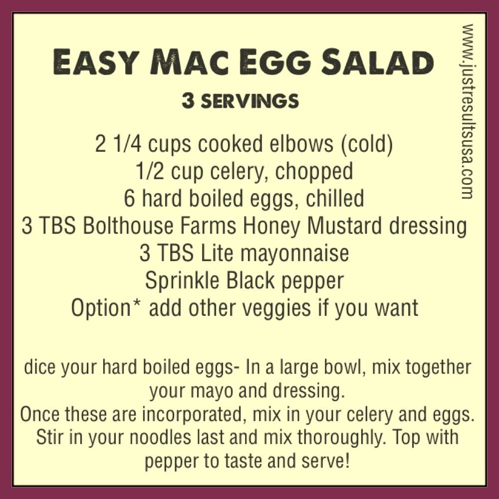 A label that says easy mac egg salad 3 servings