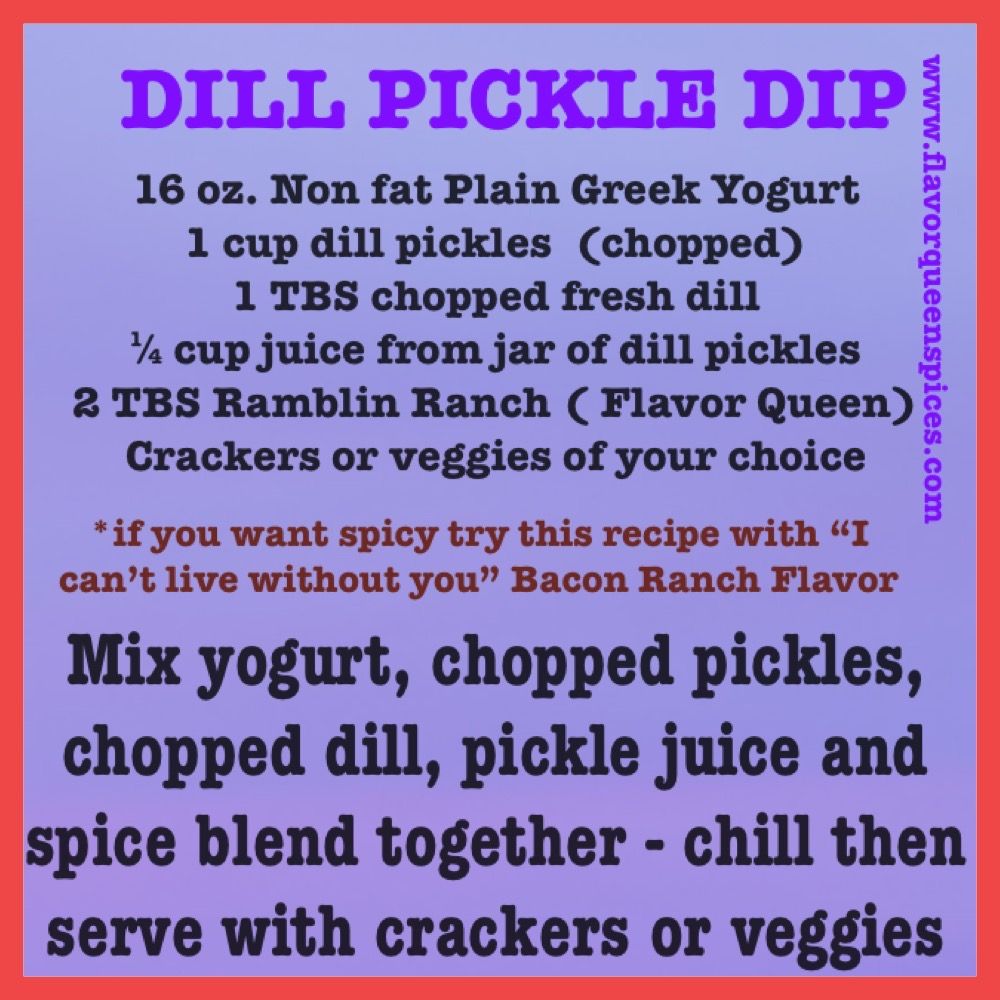 A recipe for dill pickle dip is shown on a purple background