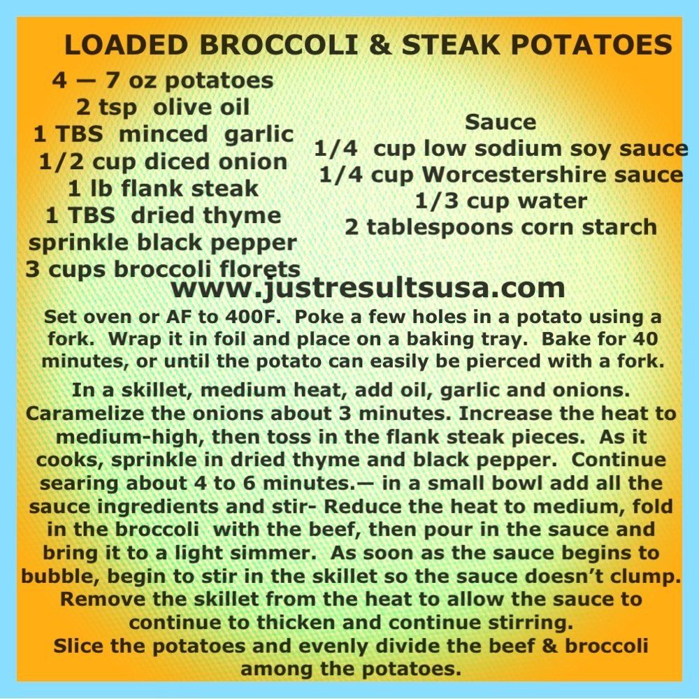 A recipe for loaded broccoli and steak potatoes from www.justresultsusa.com