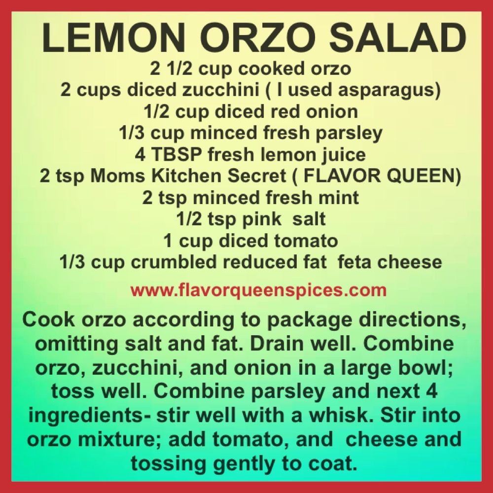 A recipe for lemon orzo salad from www.flavorqueenspices.com