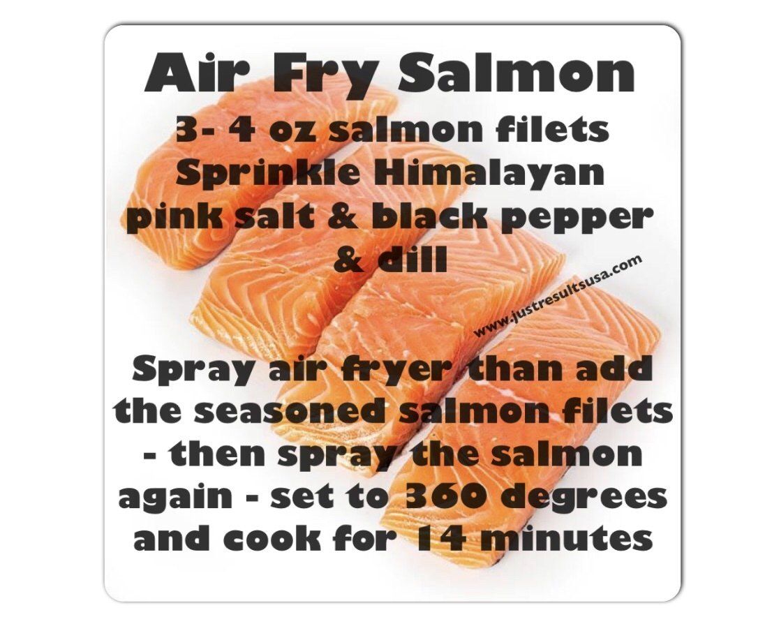 A recipe for air frying salmon includes sprinkle himalayan pink salt and black pepper