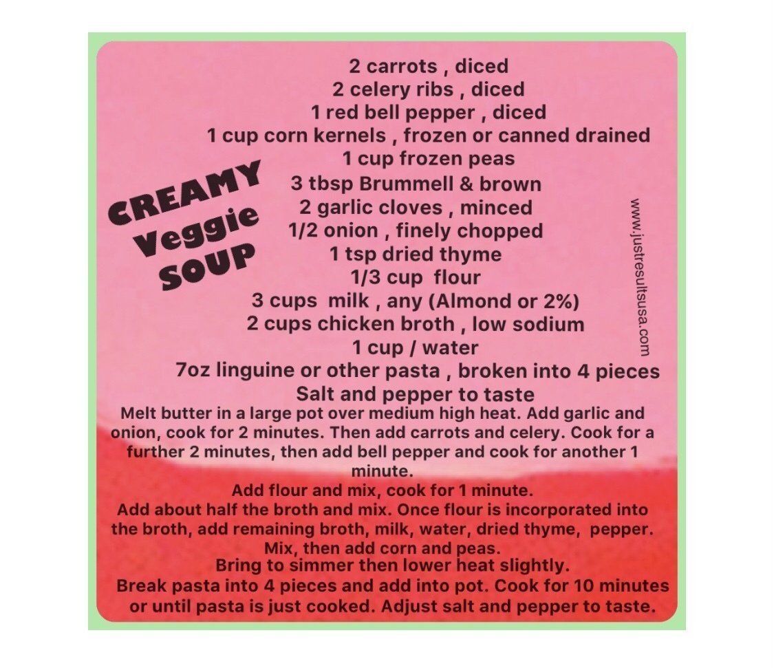 A recipe for creamy veggie soup includes carrots celery ribs and red bell pepper
