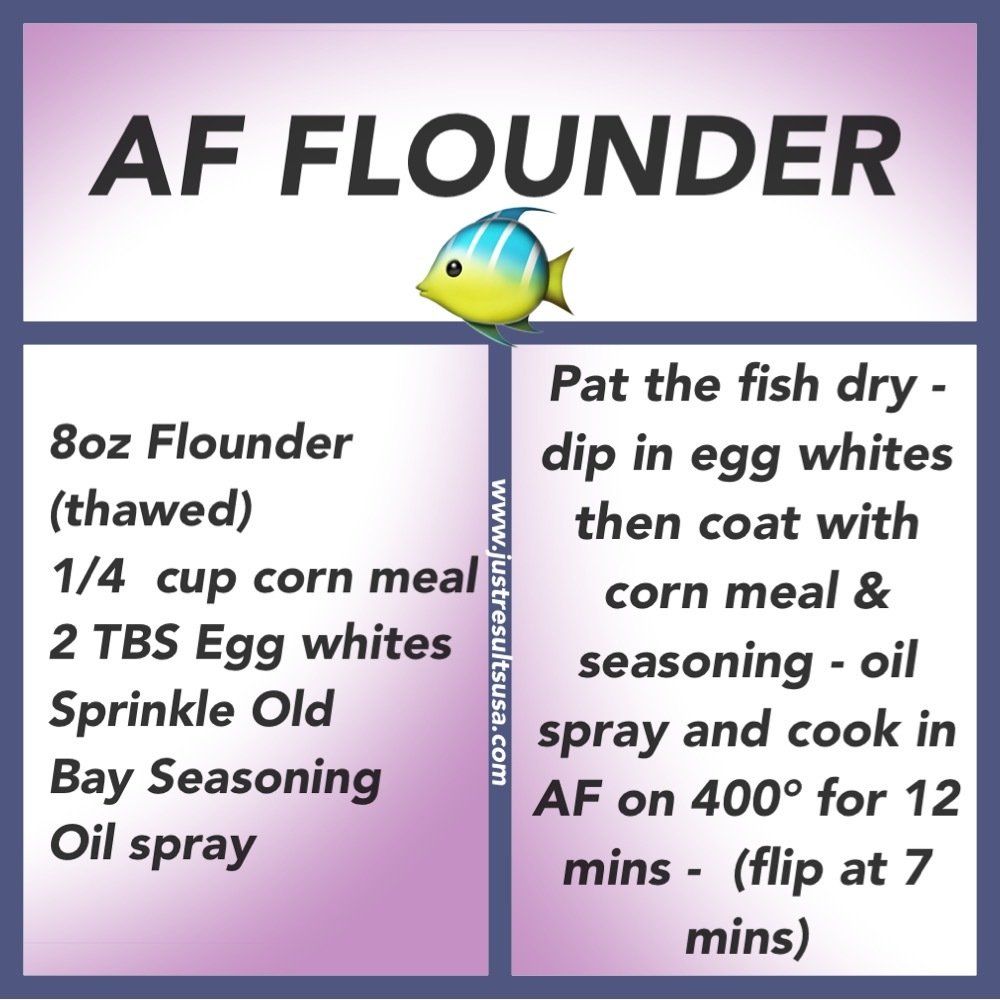 A recipe for af flounder is shown on a purple background