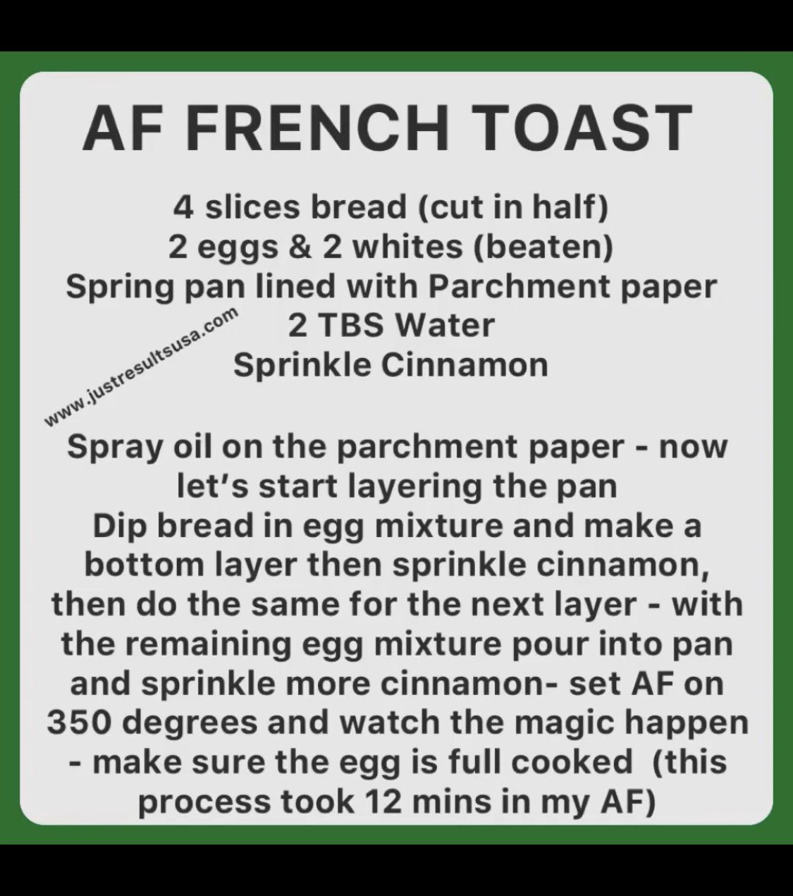 A recipe for af french toast is shown on a green background