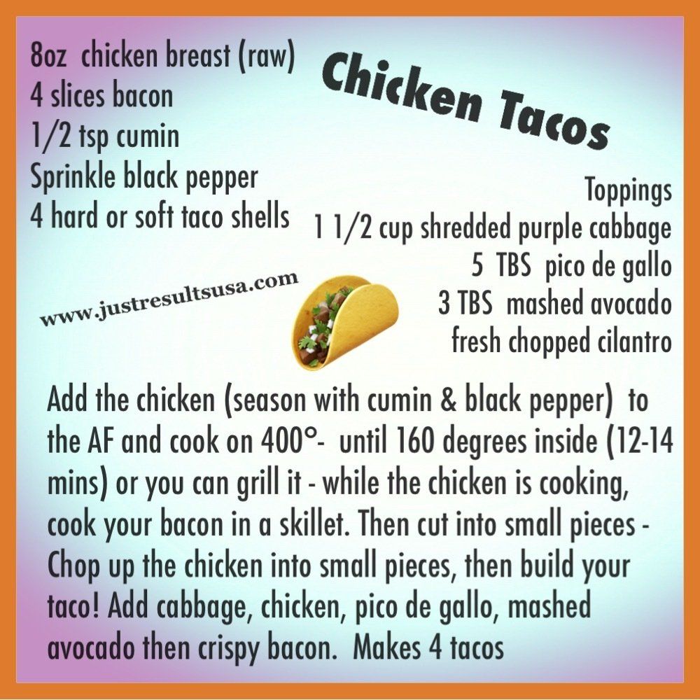A recipe for chicken tacos with a picture of a taco
