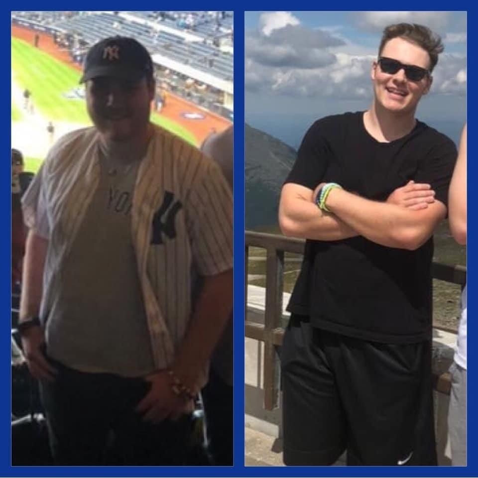 A man wearing a ny yankees jersey is standing next to another man