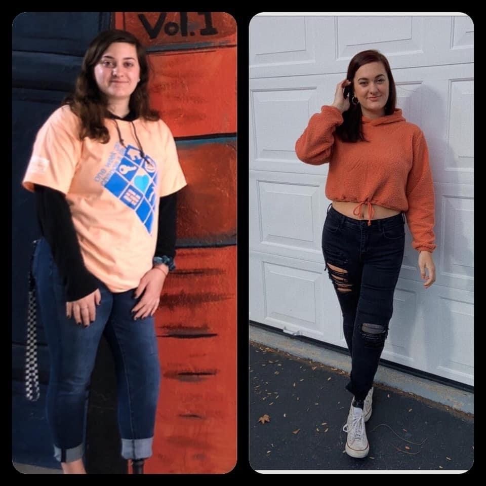 A before and after photo of a woman standing in front of a garage door