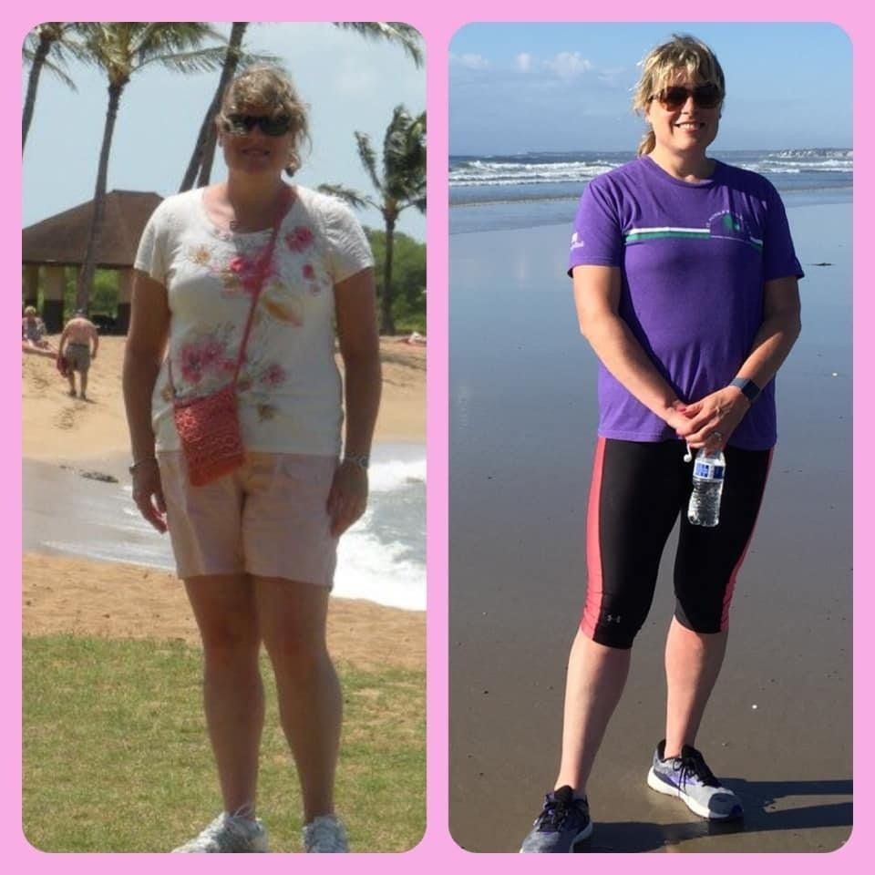 A before and after photo of a woman standing on a beach