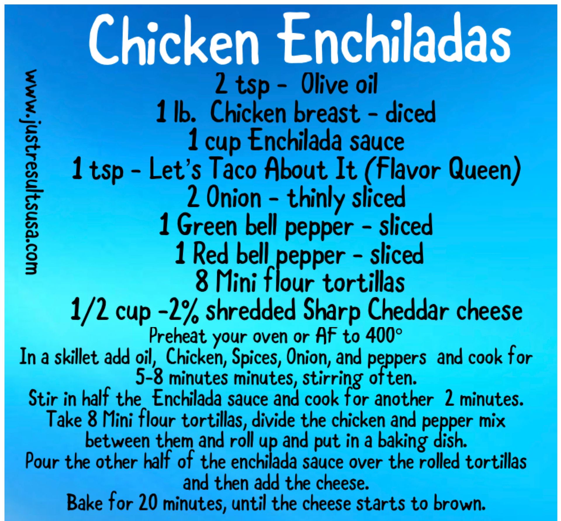 A recipe for chicken enchiladas is on a blue background