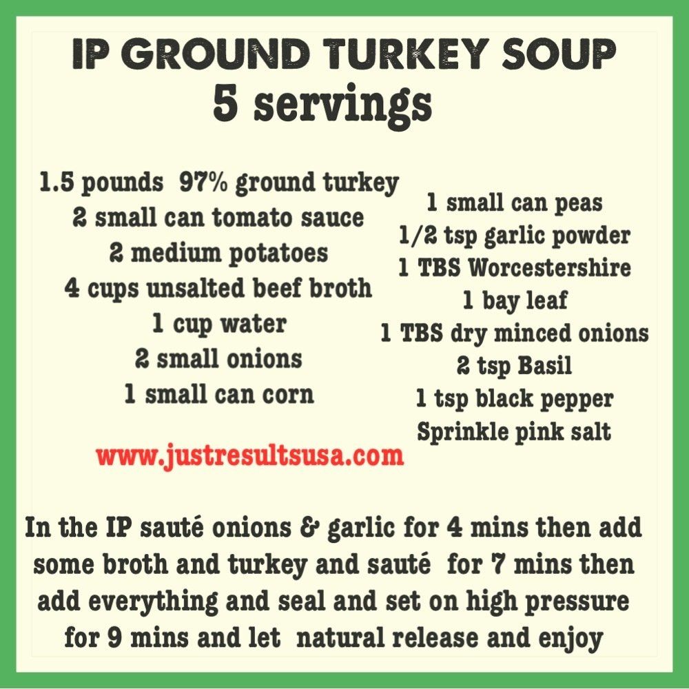 A recipe for ip ground turkey soup with 5 servings