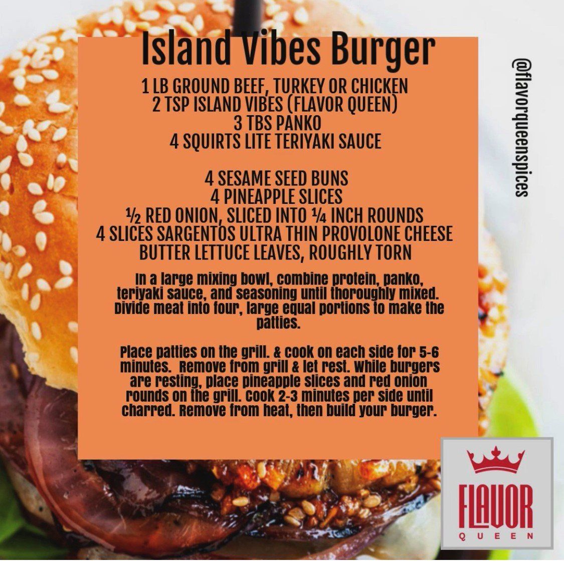 A recipe for island vibes burger with a picture of a burger