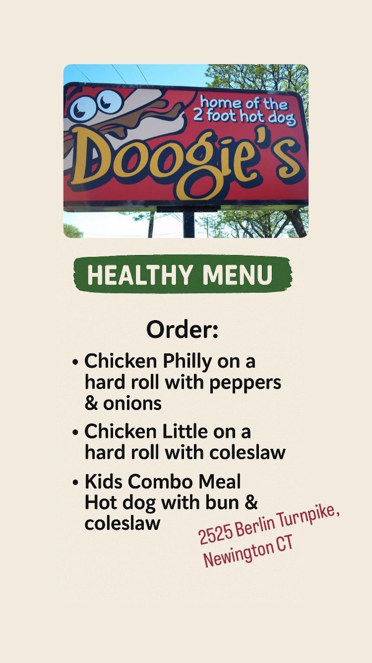 Doogie's restaurant sign with healthy menu; includes chicken Philly, chicken Little, and kids combo meal.