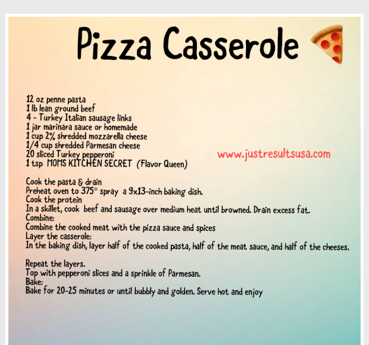A recipe for a pizza casserole with a picture of a pizza